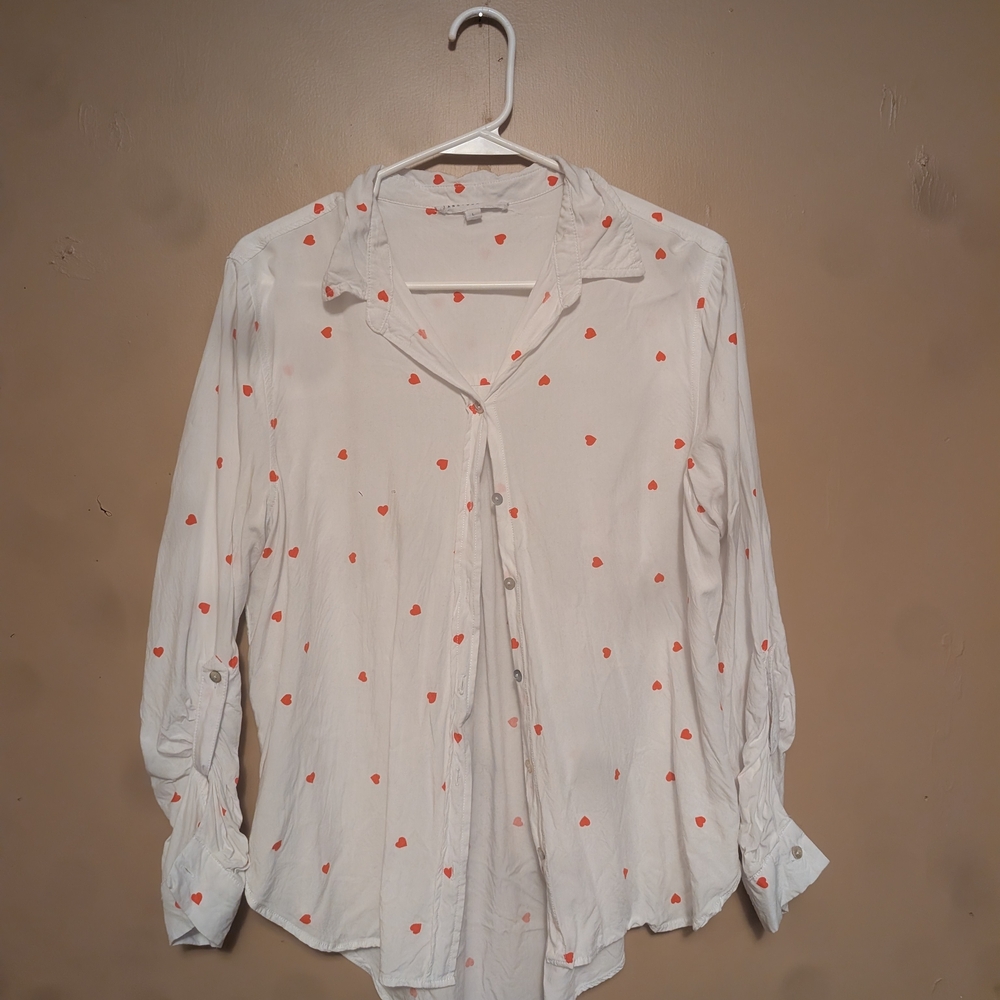 White Button-Up Blouse with Red Accents